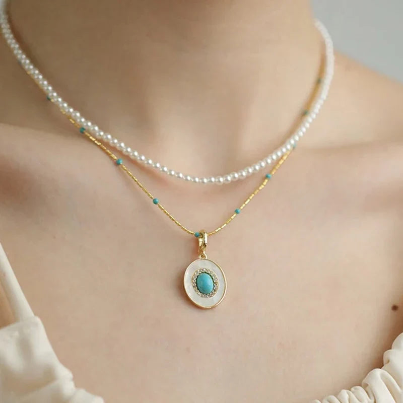 Natural Turquoise Oval Shell Pendant Necklace | Gold Chain Collarbone Jewelry