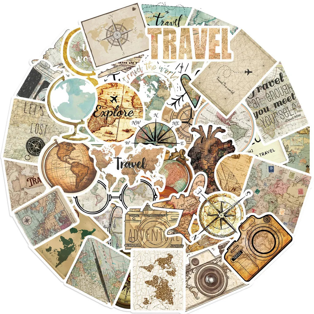 50 Pcs Travel Clock Map Graffiti Stickers | Waterproof Decals for Bike Laptop Pencil Case