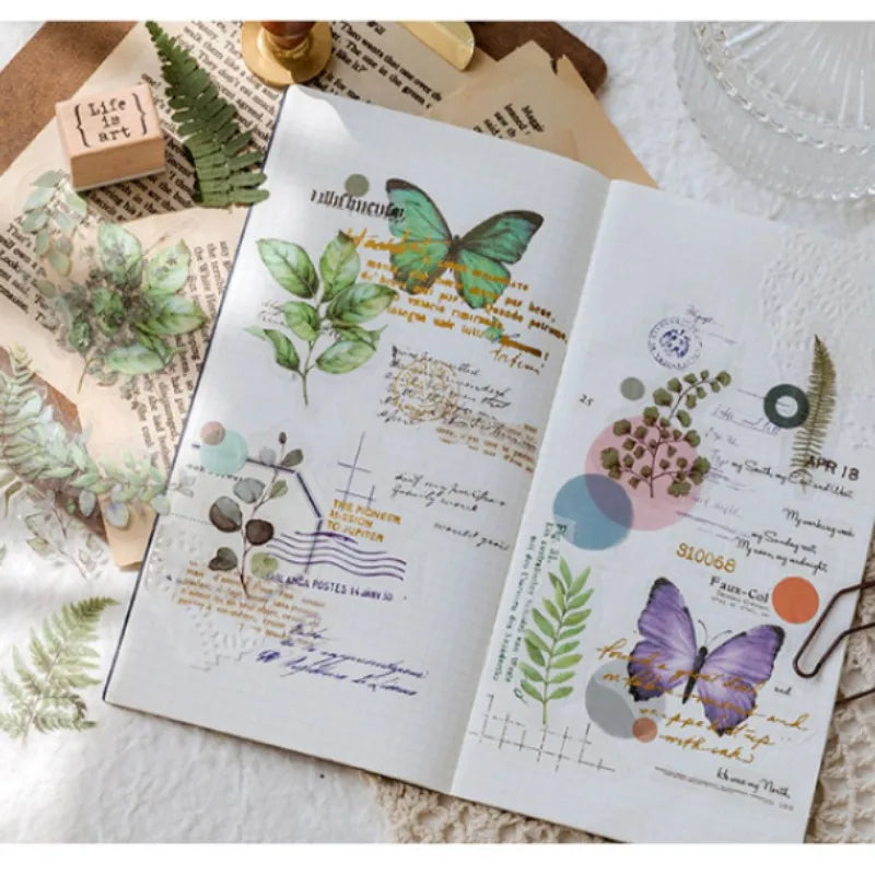 40 Pcs Vintage Plant Flower Stickers | Retro Green Leaf Decal Set for DIY Scrapbooking