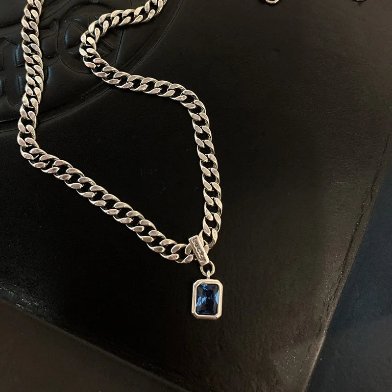 925 Sterling Silver Vintage Cuba Neck Chain Square Zircon Pendant | Women's Fine Jewelry