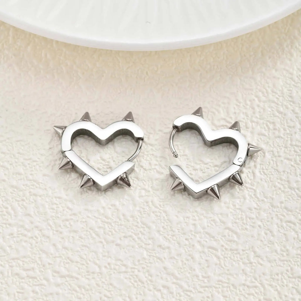 Exaggerated Spike Rivet Heart Stud Earrings | Stainless Steel Goth Punk Jewelry