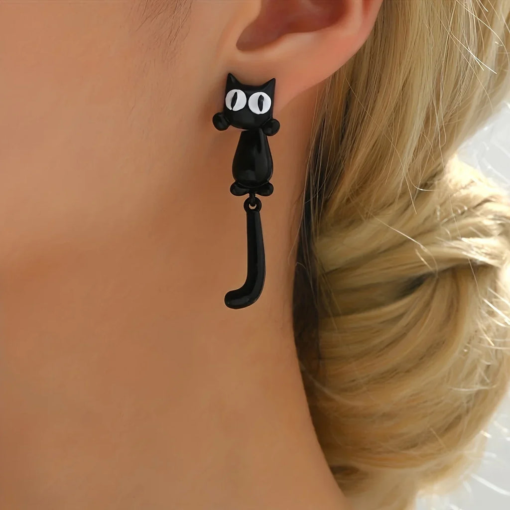 Creative Black Cat Stud Earrings | Punk Style Ear Jacket Set
