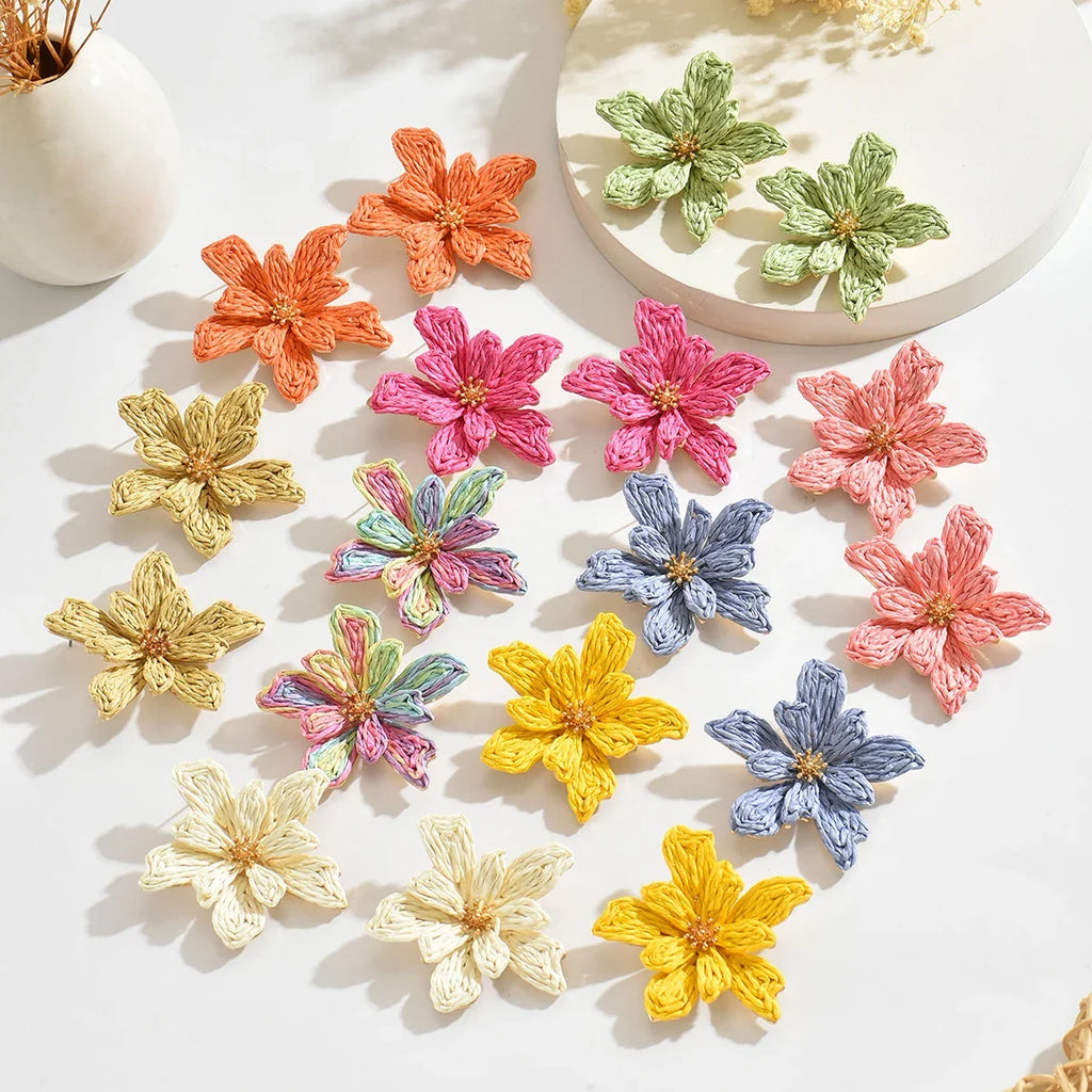 Boho Handmade Raffia Flower Earrings | Unique Summer Floral Drop Earrings for Women