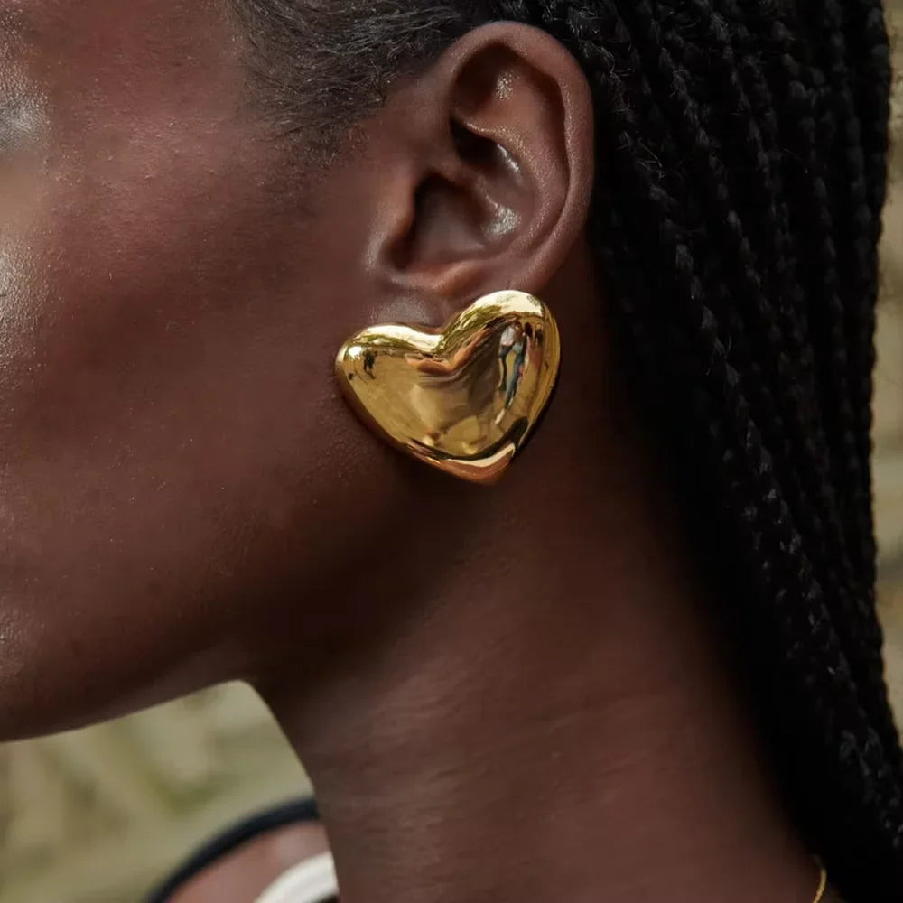18K Gold Plated Stainless Steel Heart Stud Earrings | Smooth & Waterproof Jewelry Gift