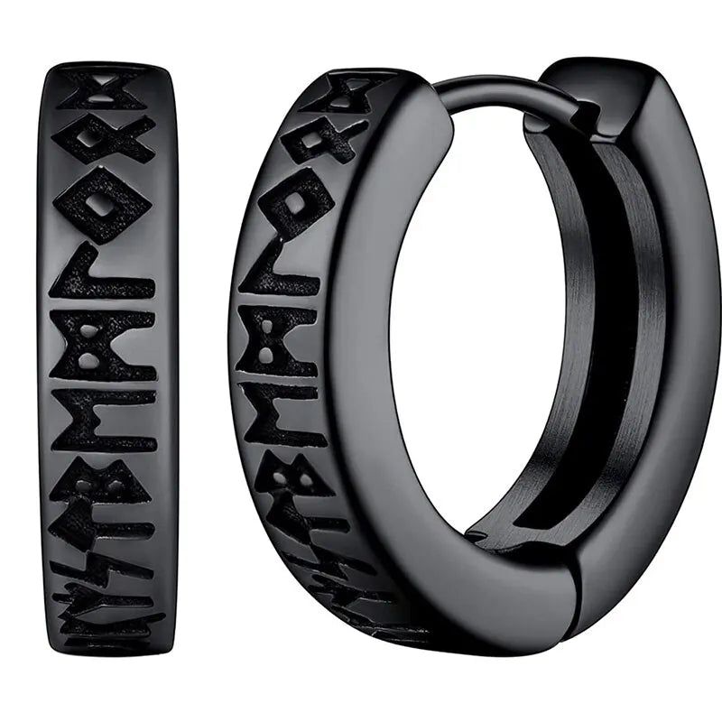1Pair 12mm Norwegian Viking Rune Hoop Earrings | 316L Stainless Steel Huggie Hoop Earrings for Men and Women