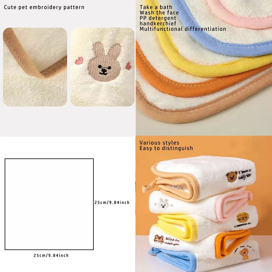 3-Pack/5-Pack Coral Velvet Cartoon Embroidered Small Square Towels, 25Cm*25Cm in Size, Can Be Used for Washing Face, Wiping Hands, and Are Absorbent and Quick-Drying