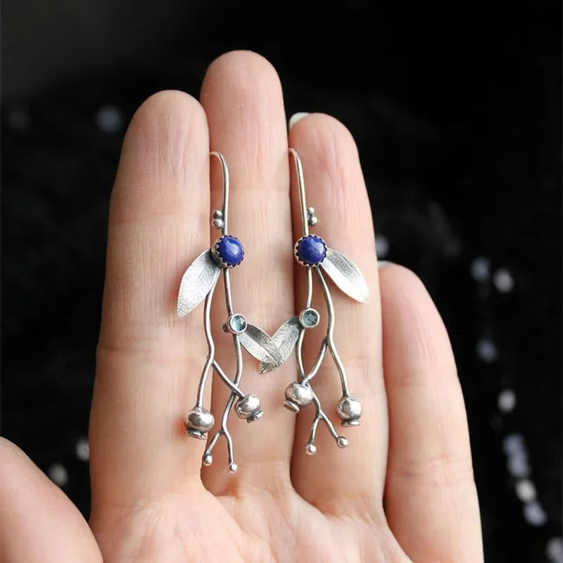 Silver blueberry earrings | Elven style botanical drop earrings