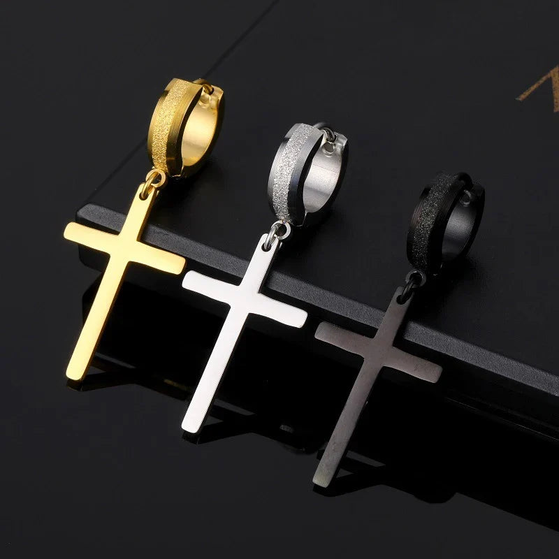 Stainless Steel Frosting Hoop Earrings | Punk Cross Dangle Earrings for Unisex