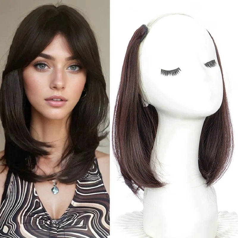 20/30cm Synthetic Straight Hair Extension with 4 Clips | V-Shaped Half Head Invisible Hairpiece