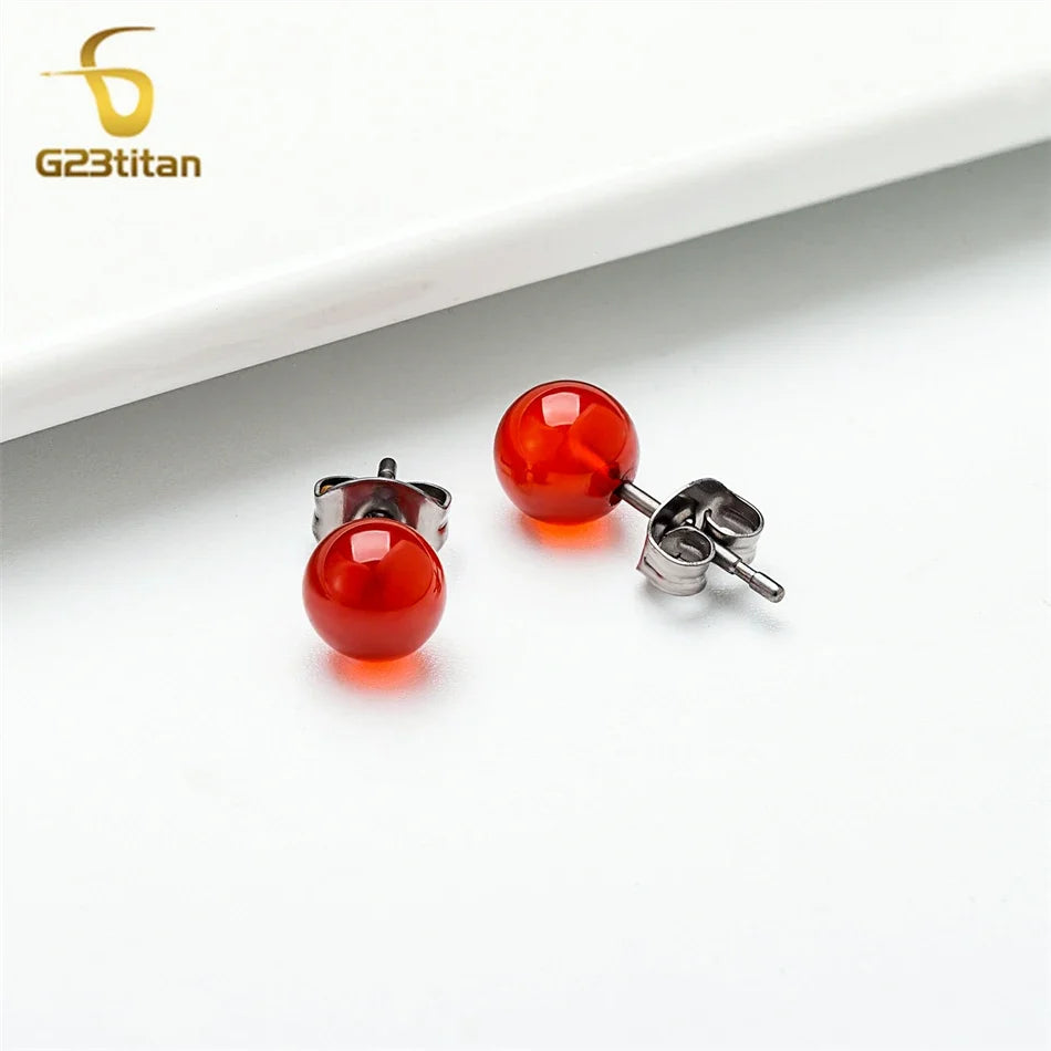 Red Carnelian Titanium Stud Earrings | Hypoallergenic Piercing Jewelry Gift