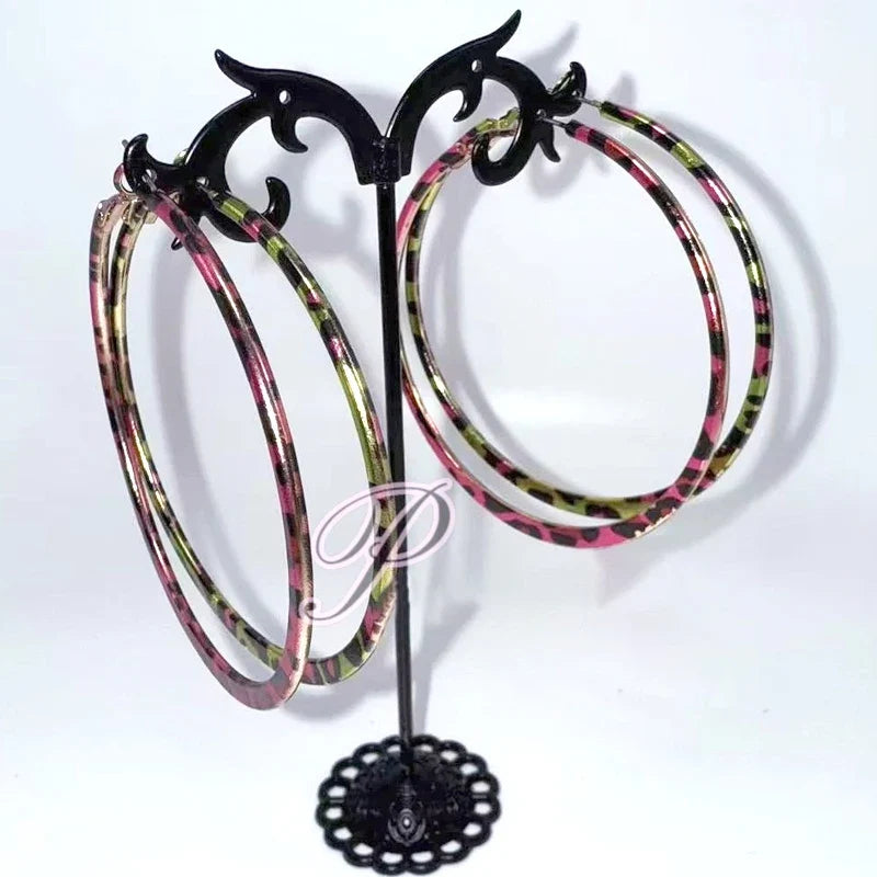 Pink Leopard Print Round Hoop Earrings | Y2K Vintage Punk Jewelry