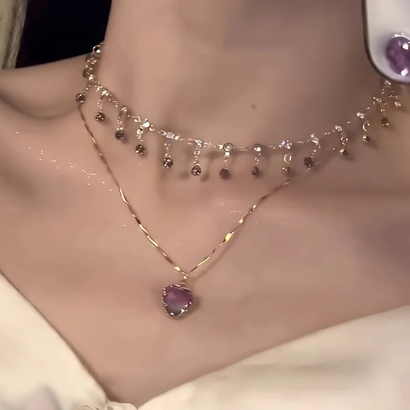 Elegant Women's Double Layer Heart Pendant Necklace | Synthetic Zirconia Collarbone Jewelry