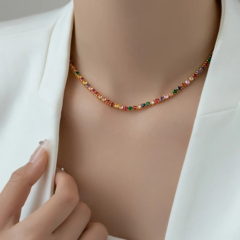 Dopamine Colored Zircon Collarbone Chain | Gold Colour Women's Trend Necklace
