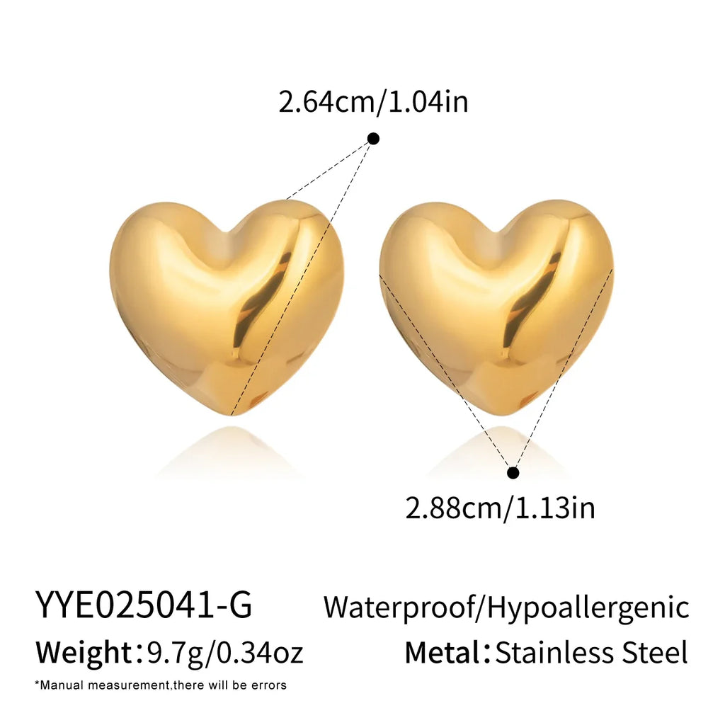 18K Gold Plated Stainless Steel Heart Stud Earrings | Smooth & Waterproof Jewelry Gift