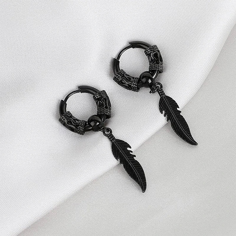2Pcs Stainless Steel Feather Leaf Coil Earrings Set | Unisex Punk Hoop and Stud Jewelry