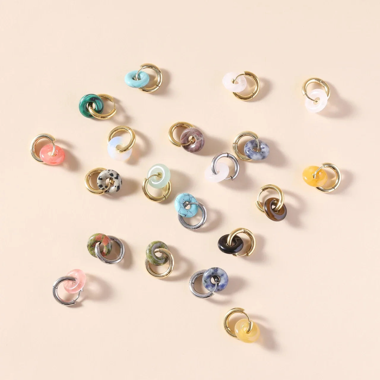 Natural Stone Double Hoop Earrings | Crystal Circle Dangle Drops for Women