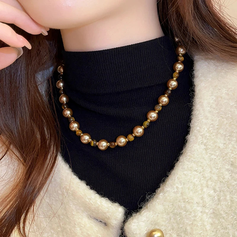 Warm Tiger's Eye Pearl Bead Necklace | Classic Sweater Chain Jewelry