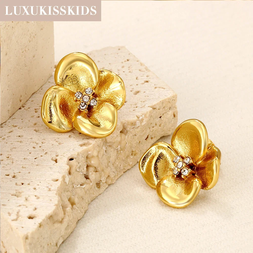 LUXUKISSKIDS Fairy Flower Earrings Stud | Gold-Plated Stainless Steel Piercing Jewelry for Women