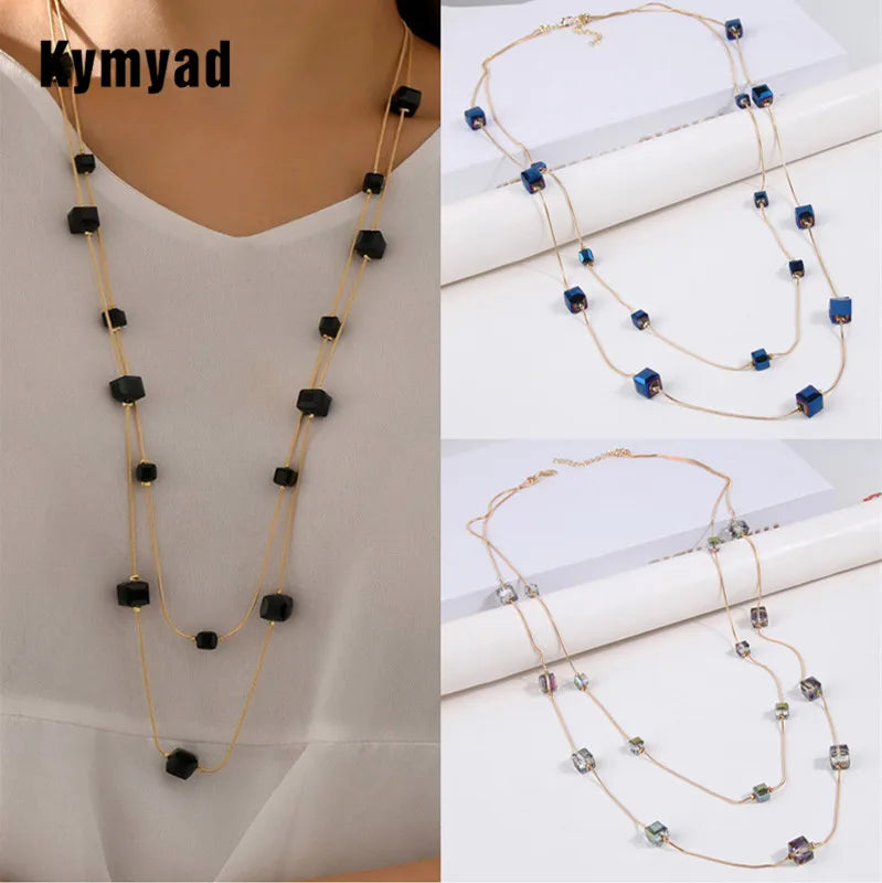 Gold Square Bead Sweater Chain Necklace | Double Layer Glass Pendant Jewelry for Women