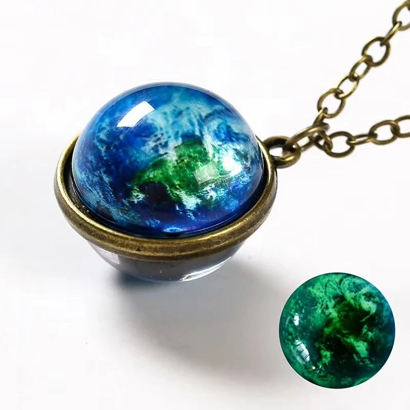 Universe Glass Pendant Necklace | Double-Sided Earth Jewelry for Men Women