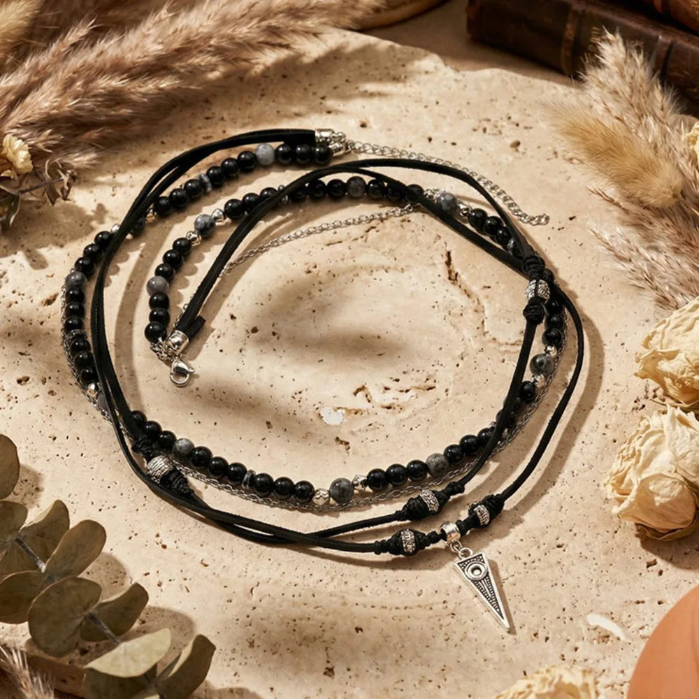 Metal Triangle Pendant Black Onyx Beaded Layered Leather Necklace | Boho Jewelry for Men and Women