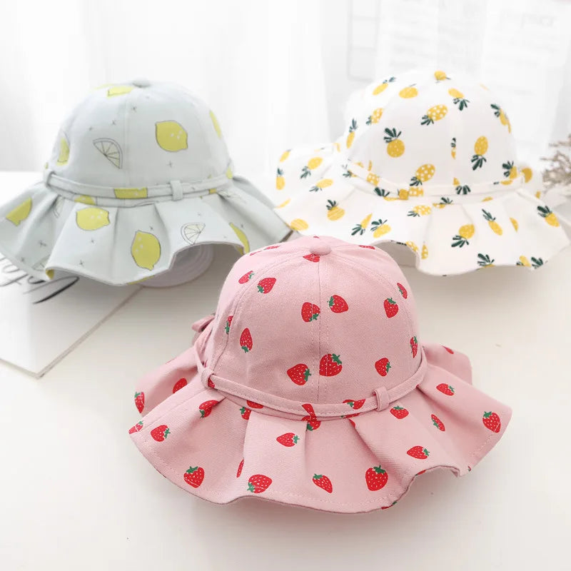 Sweet Baby Summer Hat for Girls | Cotton Fruit Print Kids Bucket Hat with Bowknot