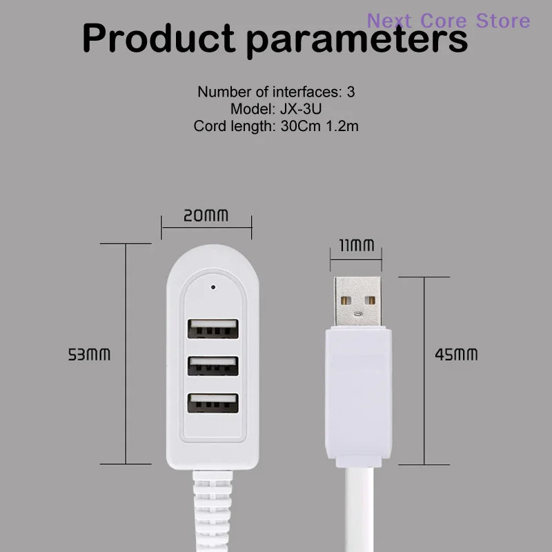 1.2M USB Cable Extension Hub | 3-Port Multi-Charging Splitter