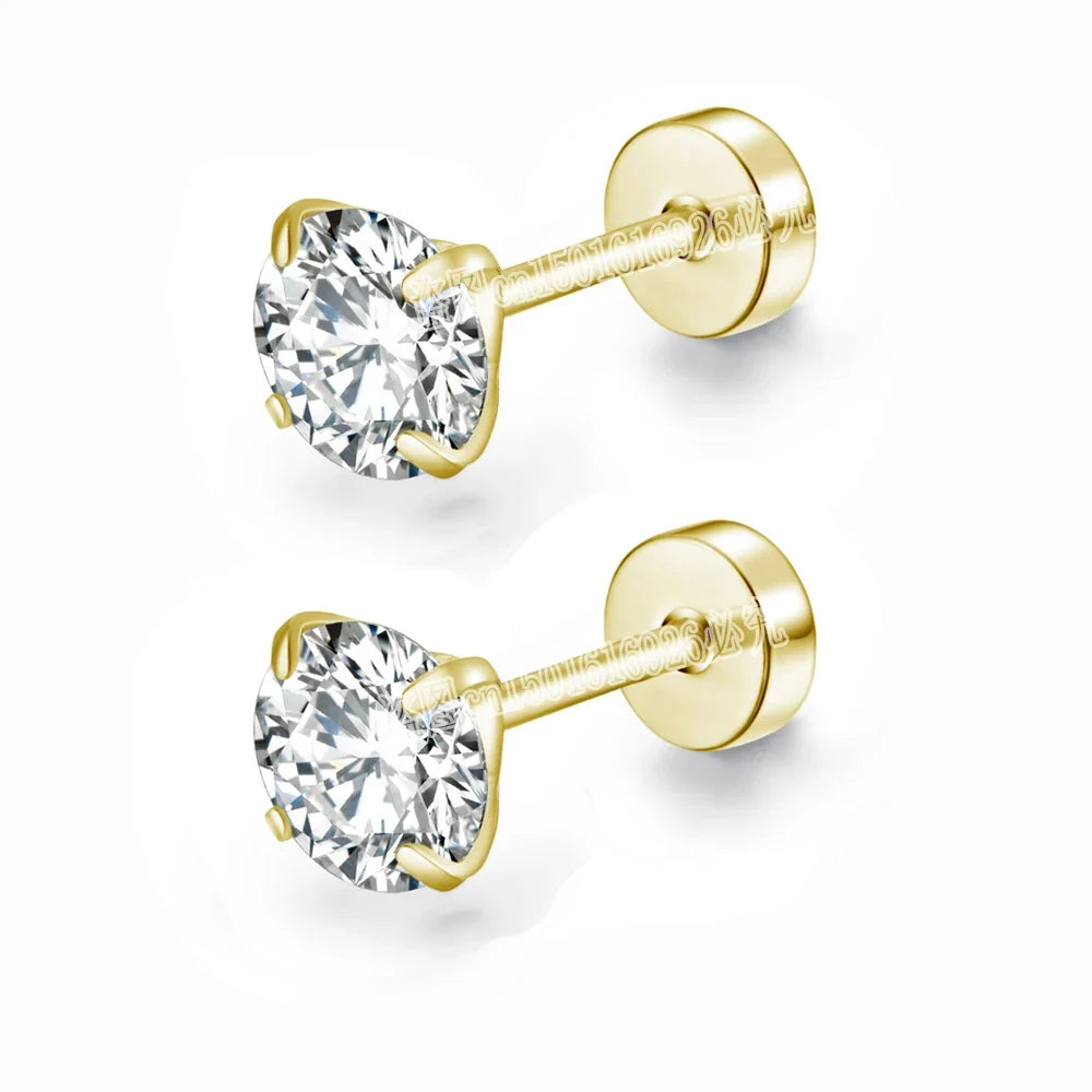 Round Crystal Zircon Stainless Steel Stud Earrings | 4 Color Fashion Non-Allergic Earrings