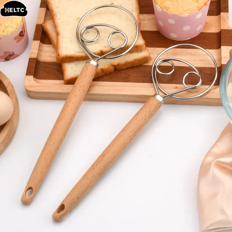 1PCS 10 Inch Creative Hand Blender DIY Danish Bread Stainless Steel Bakeware Dough Whisk Egg Beater Mixer Tool Wood Handle