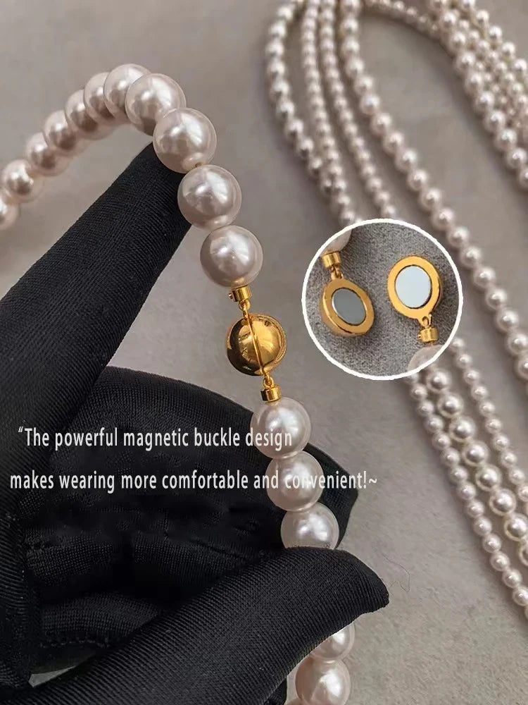 Girl’s Imitation Pearl Magnetic Round Buckle Beaded Choker Necklace | Elegant Collarbone Jewelry for Women