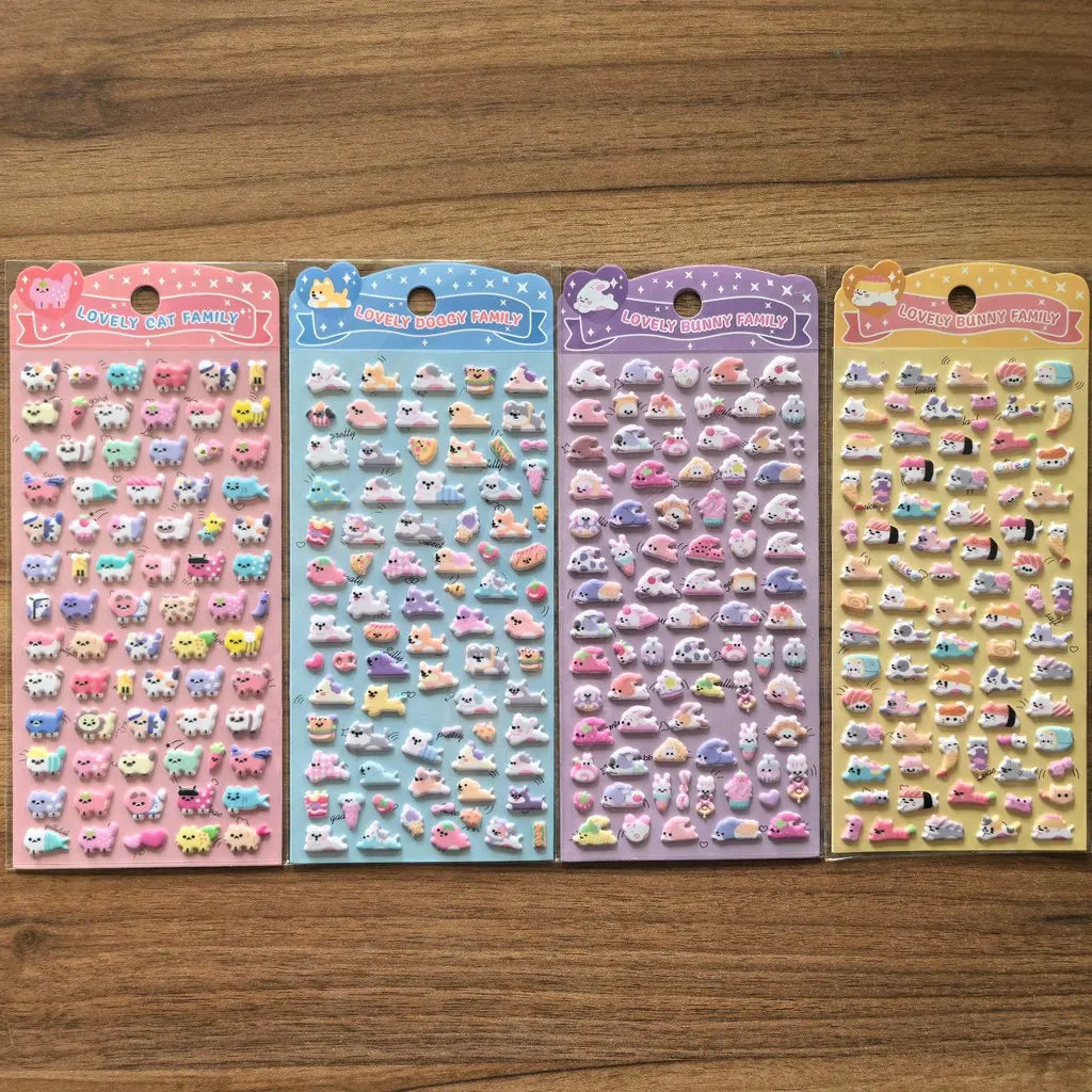 4-Pack Cute Animal Family 3D Stickers | Vibrant Decals for Water Bottles, Laptops & Stationery