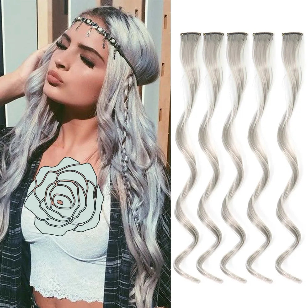 18 Inch Curly Clip In Hair Extensions Set | Colorful Highlight Synthetic Hairpieces