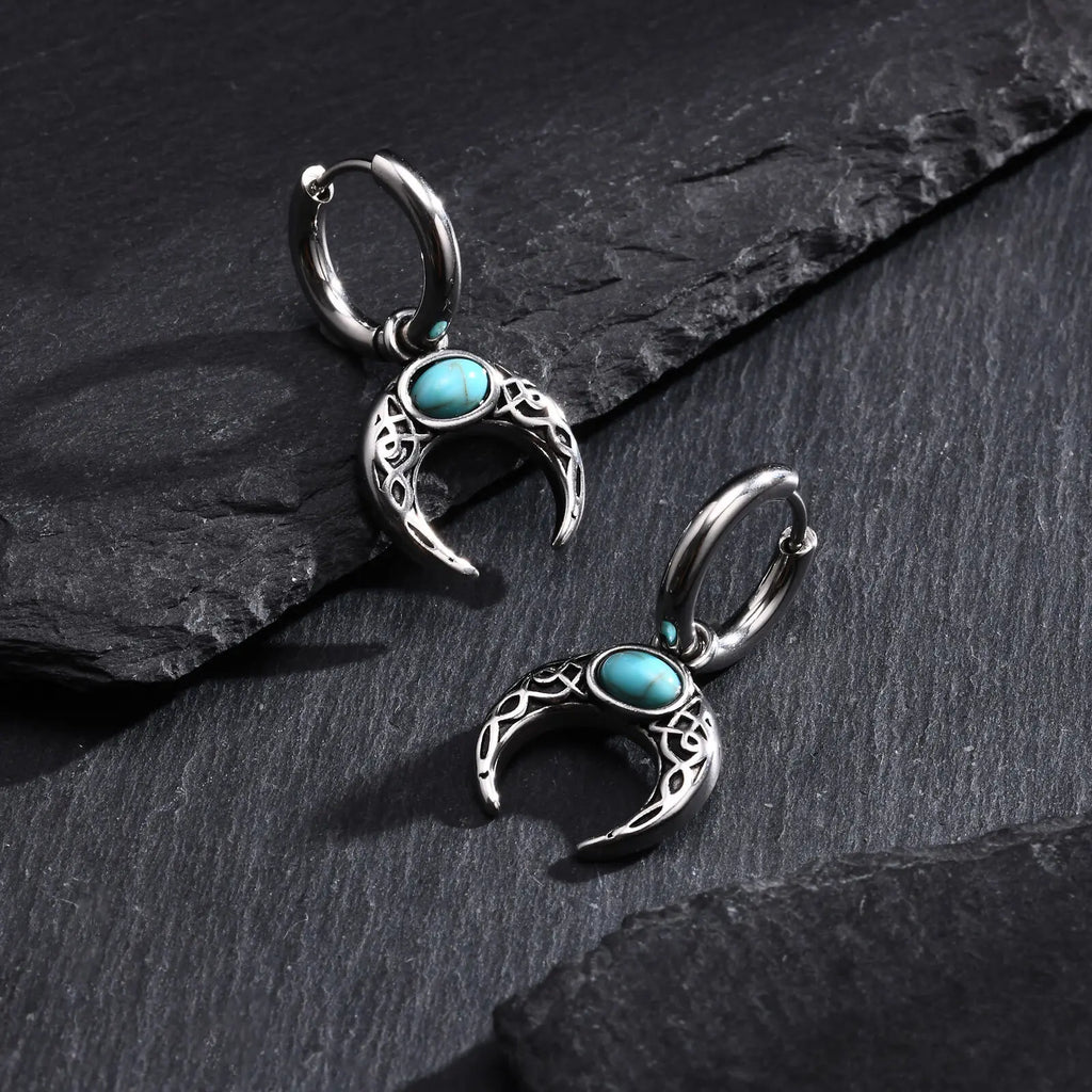 Vintage Moon Earrings for Men | Green Stone Stainless Steel Hoop Jewelry