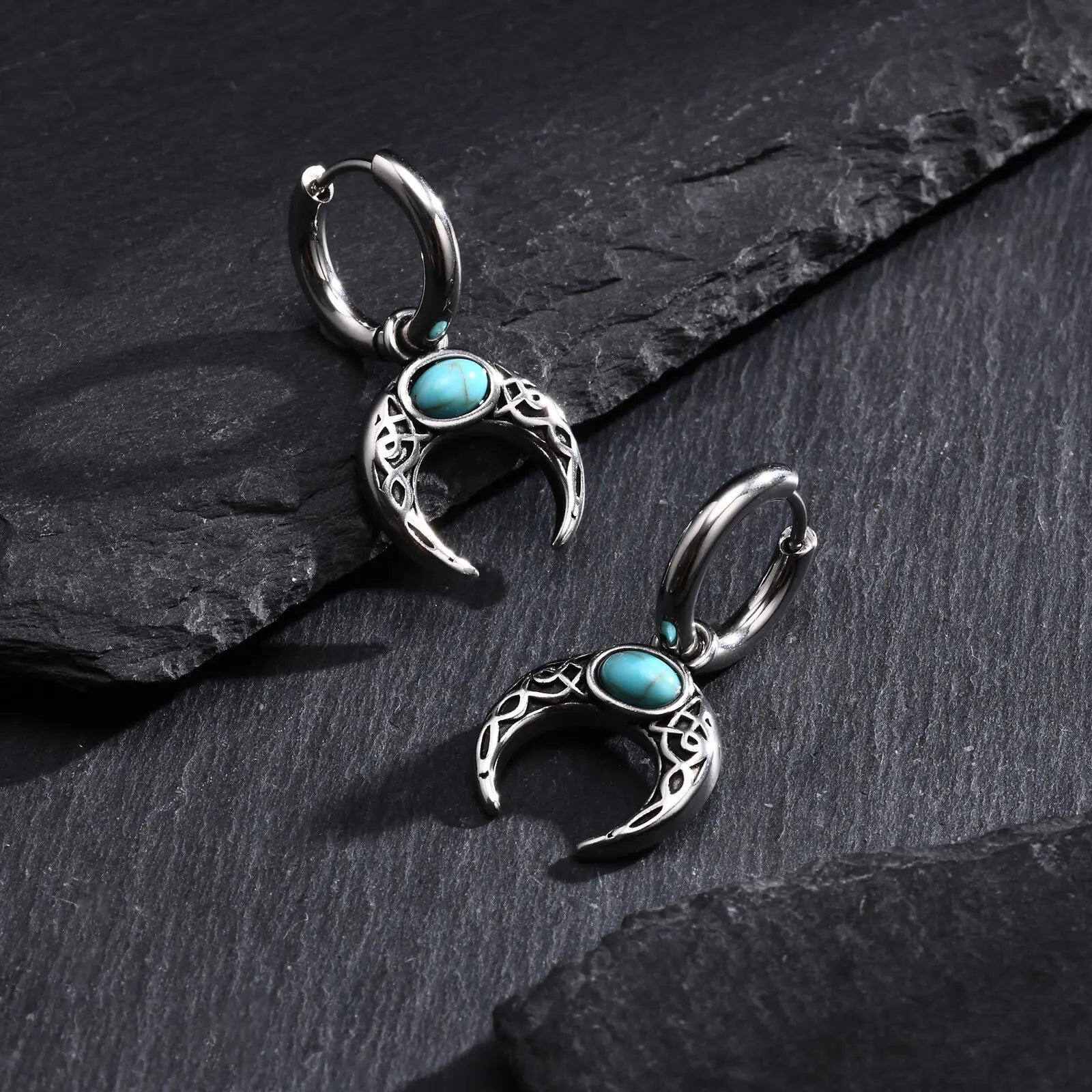 Vintage Moon Earrings for Men | Green Stone Stainless Steel Hoop Jewelry