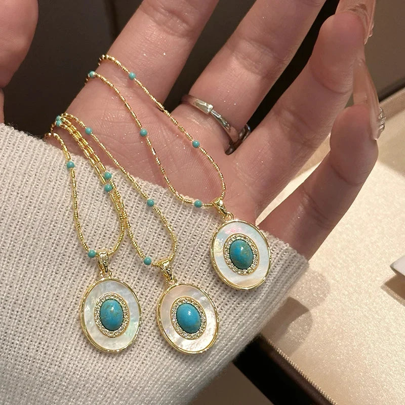 Natural Turquoise Oval Shell Pendant Necklace | Gold Chain Collarbone Jewelry