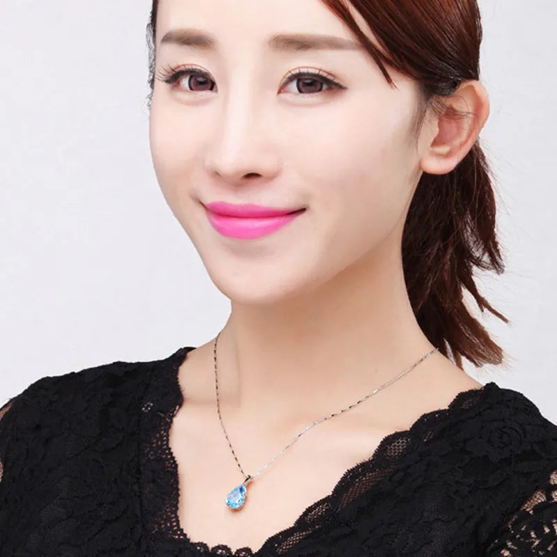 LiHong S925 Sterling Silver Necklace | Angel Tears Blue Topaz Crystal Pendant for Women