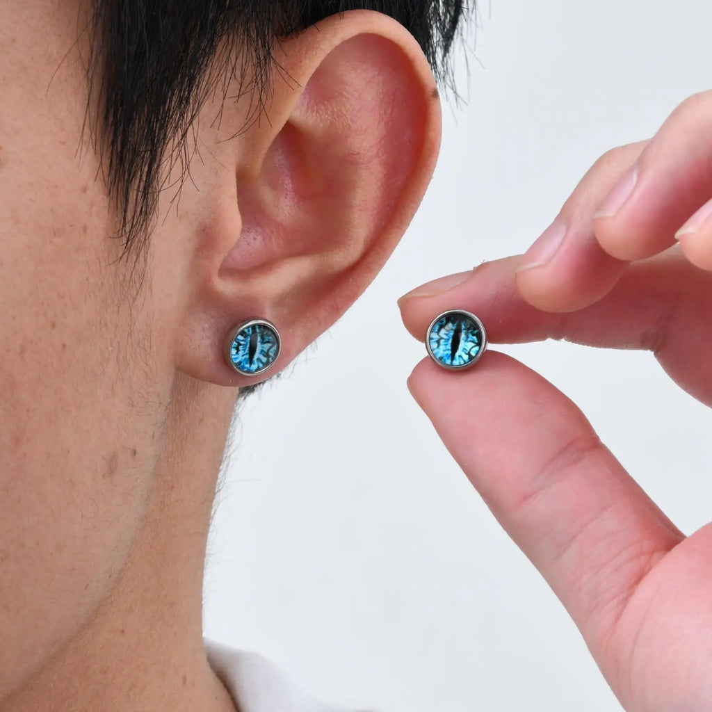 Blue Devil Eye Stud Earrings for Men | Stainless Steel Gothic Round Earrings