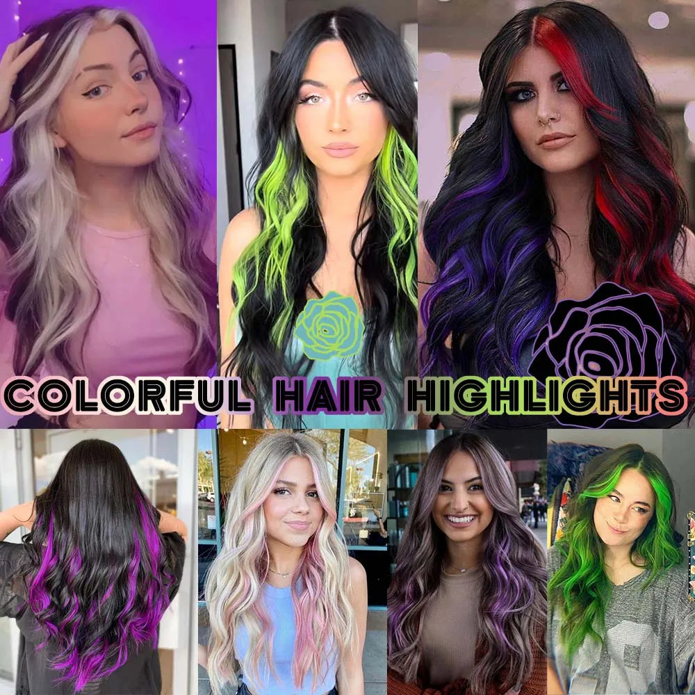 18 Inch Curly Clip In Hair Extensions Set | Colorful Highlight Synthetic Hairpieces