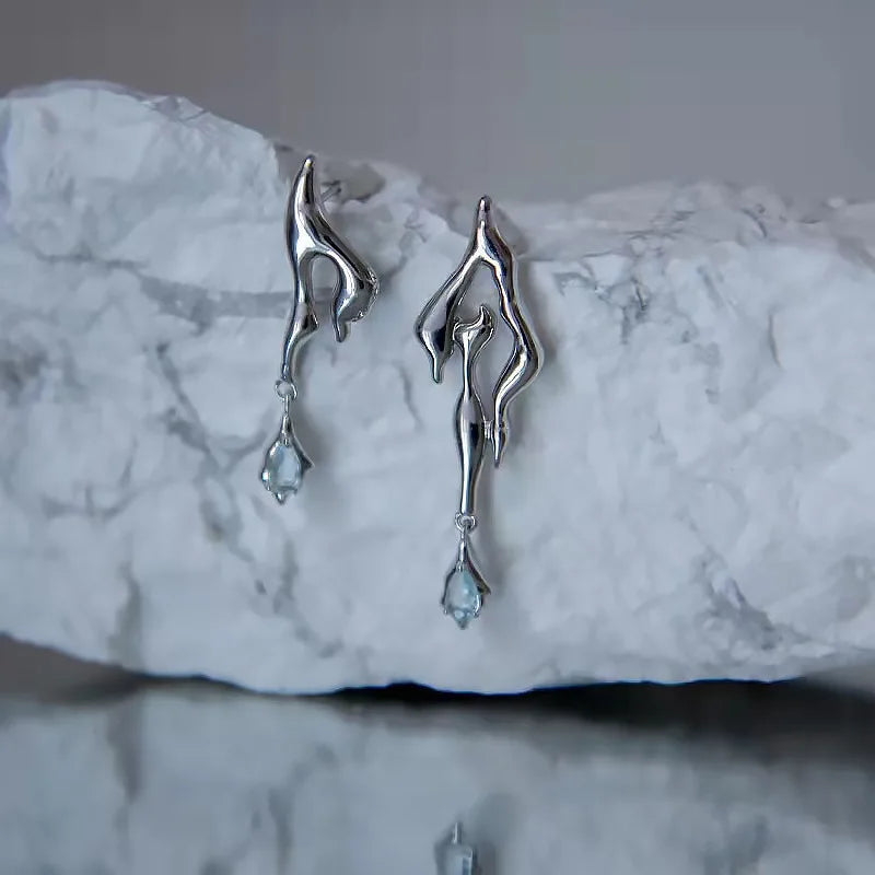 Liquid Metal Geometric Zircon Stud Earrings | Asymmetrical Jewelry for Women and Men