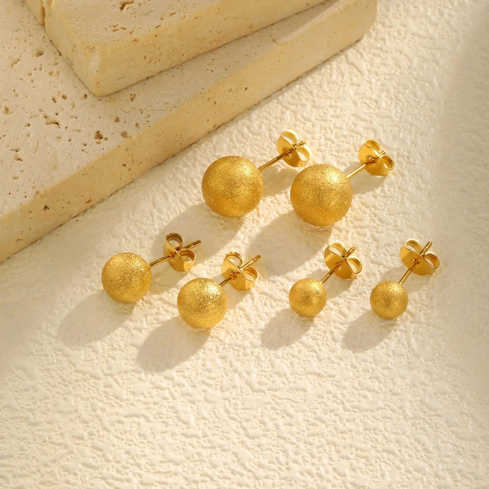 Gold Plated Stainless Steel Stud Earrings Set | 10mm 8mm 6mm Round Ball Earrings for Women