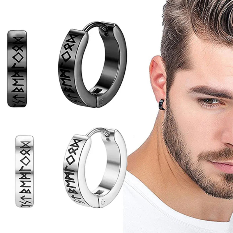 1Pair 12mm Norwegian Viking Rune Hoop Earrings | 316L Stainless Steel Huggie Hoop Earrings for Men and Women