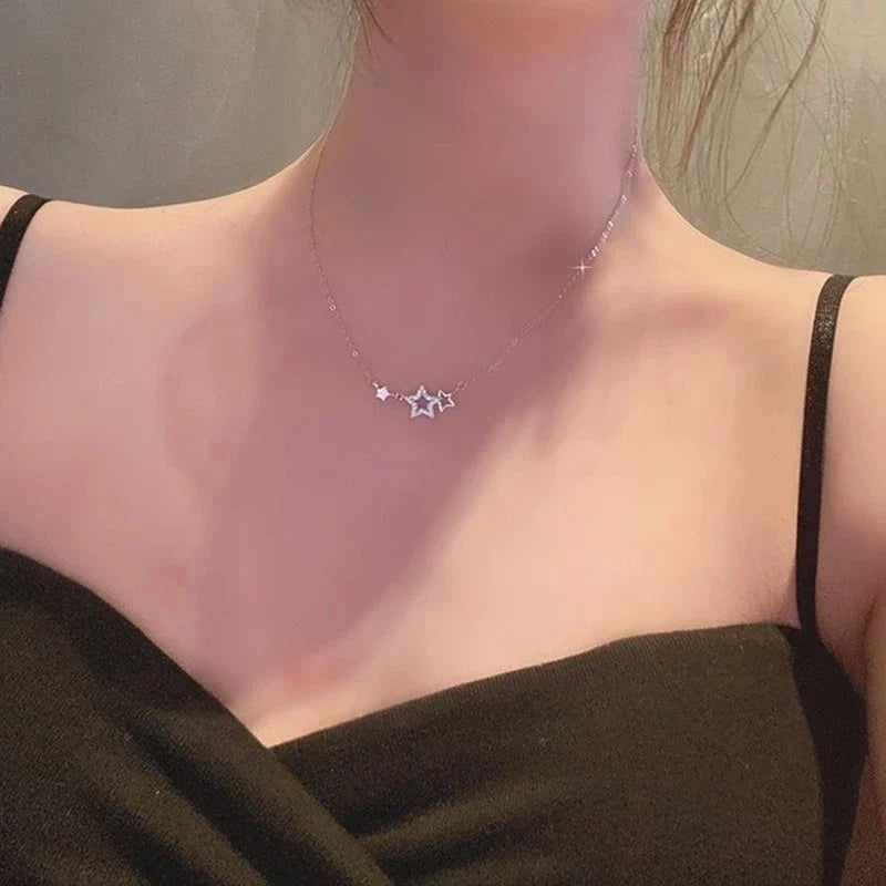 925 Silver Star Necklace for Women | Sweet Cute Zircon Pendant Choker