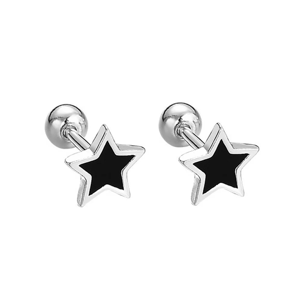 925 Sterling Silver Black Heart Star Stud Earrings | Small Round Earrings for Women