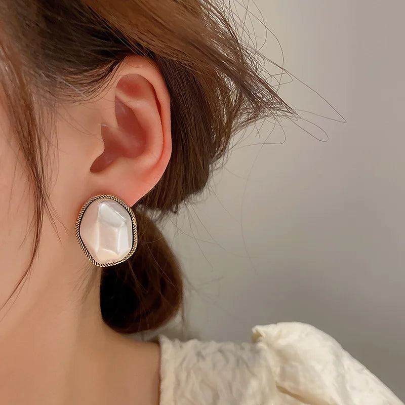 Gold Tone Irregular Pearl Stud Earrings | Retro Fashion Jewelry for Women