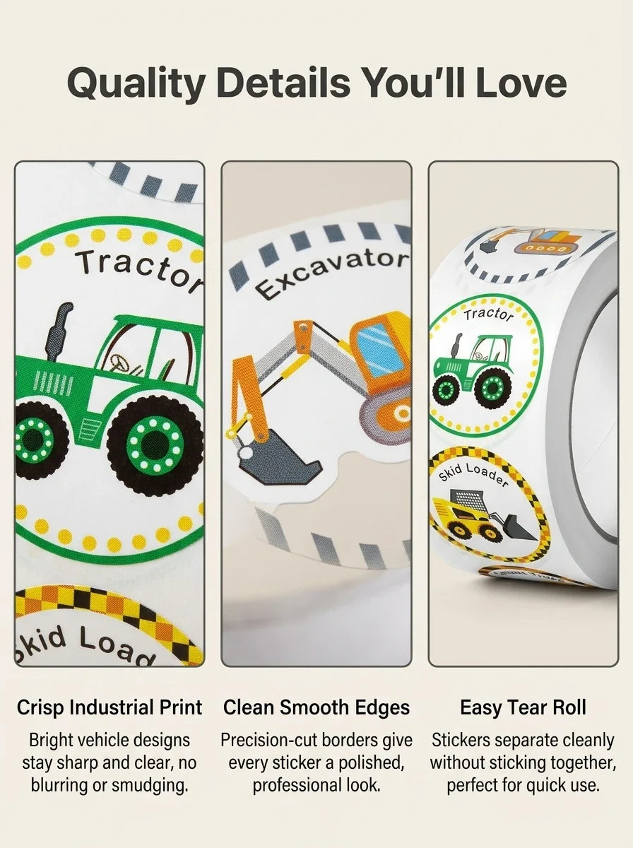 1 Roll (500 Stickers) Cartoon Engineering Vehicle Sticker Set | Teacher Reward Labels