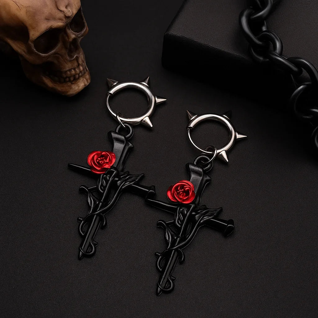 Gun-Black Cross Drop Earrings | Gothic Unisex Fashion Jewelry