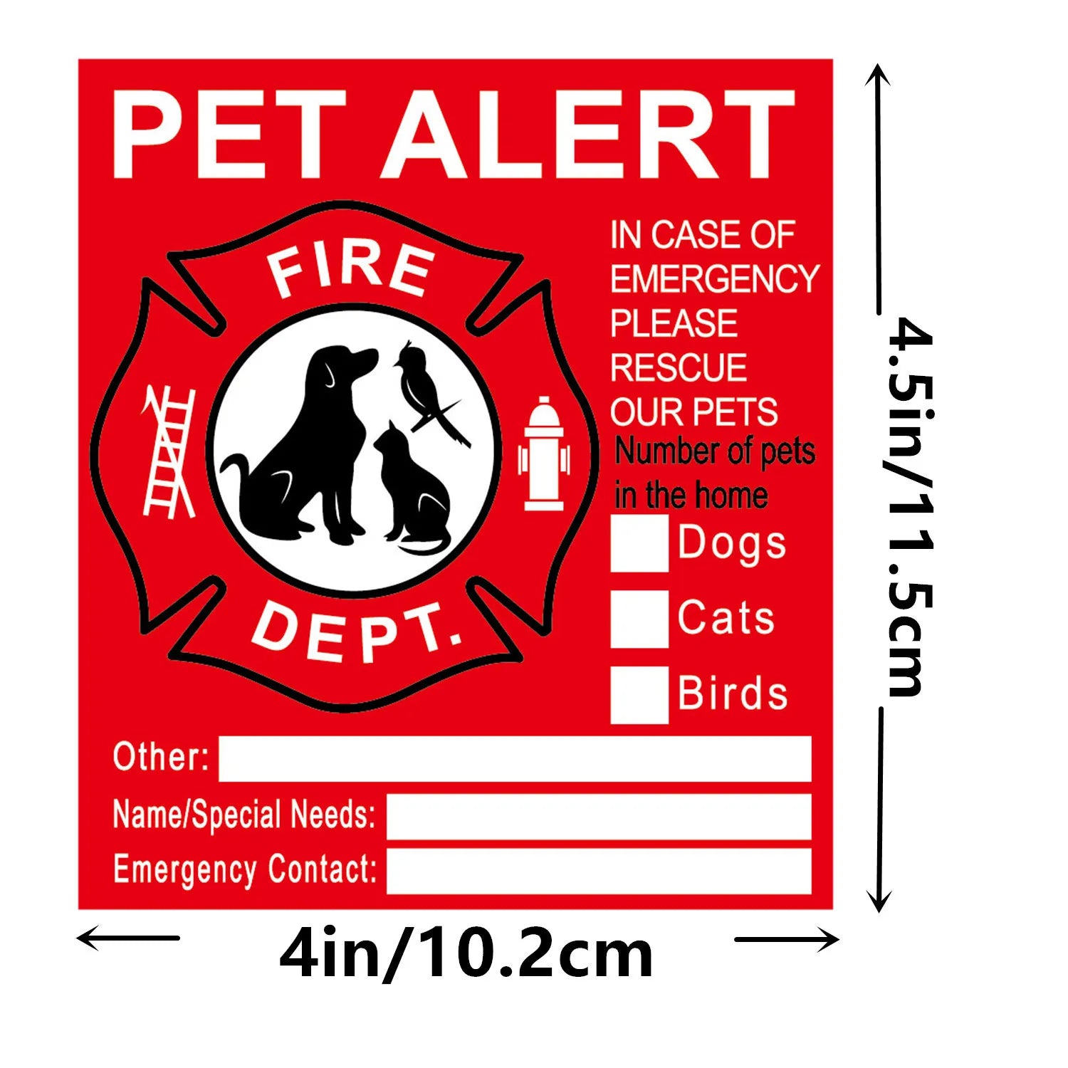 Pet Alert Safety Stickers for Fire Rescue | Emergency Pet Inside Decal for Window or Door