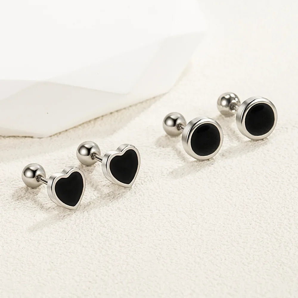 925 Sterling Silver Black Heart Star Stud Earrings | Small Round Earrings for Women