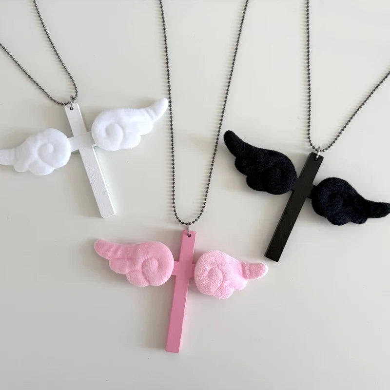 Pink Wing Cross Pendant Necklace | Y2K Gothic Jewelry for Women