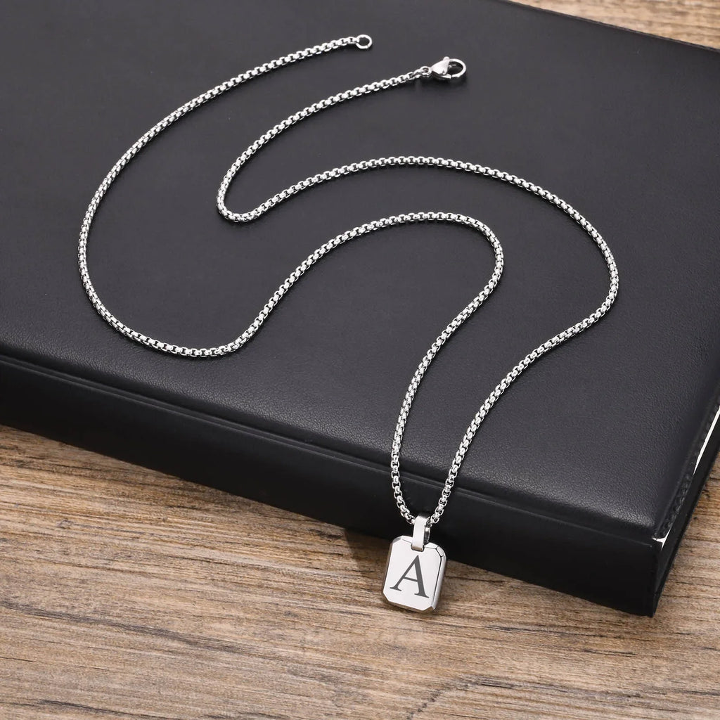 A-Z 26 Letters Stainless Steel Initials Necklace | Waterproof Square Pendant for Men